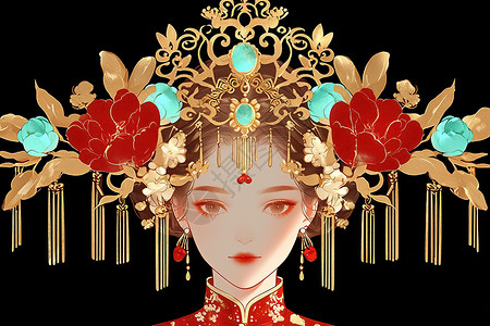 复古金素材花冠女子的金纹头饰插画