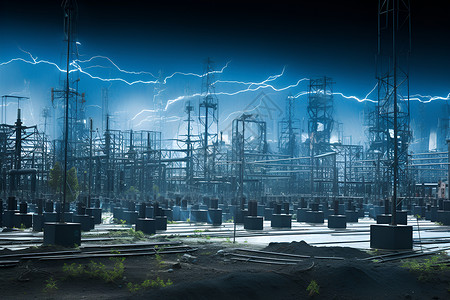 电线着火展示的电塔建筑插画