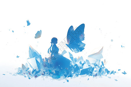 蓝色三角碎片蓝色水晶蝴蝶与女子插画