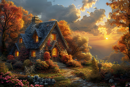 室外房屋秋日里的万圣小屋插画