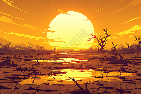 干涸的土地夕阳下的干裂土地插画