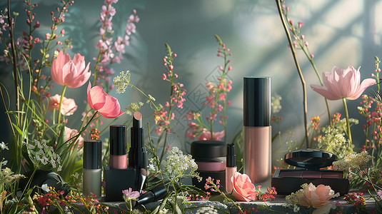 美妆产品与植物桌子上的化妆品和植物插画