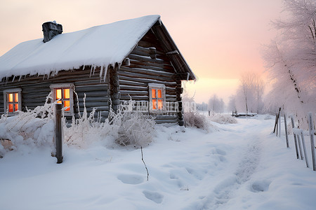 寒冷的冬天冬日雪地的小屋背景