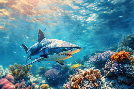 海洋中一只鲨鱼游过珊瑚礁高清图片