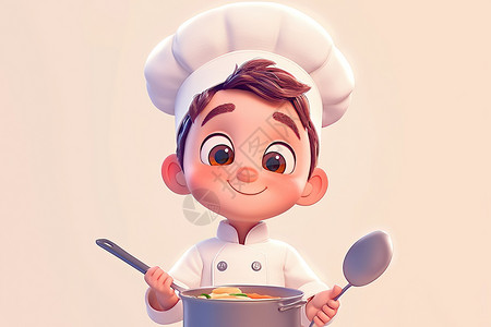 厨师煲汤手持锅铲的厨师插画