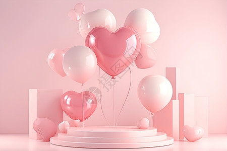 心形浪漫气球漂浮在粉色房间中设计图片
