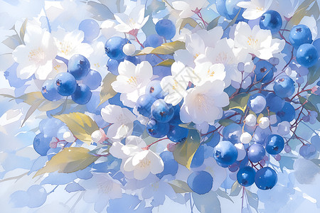 优雅水彩花朵清新水彩蓝莓与白色绣球花插画