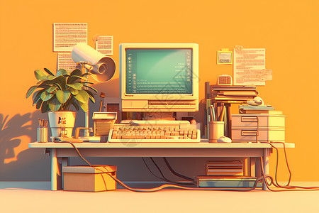 台式电脑桌怀旧办公室插画
