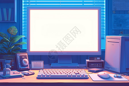 台式电脑桌老式台式电脑办公桌插画