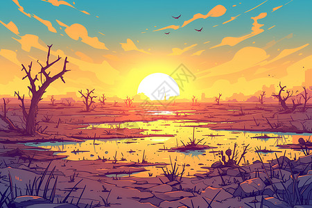 土地干涸日落时分的沼泽湿地插画