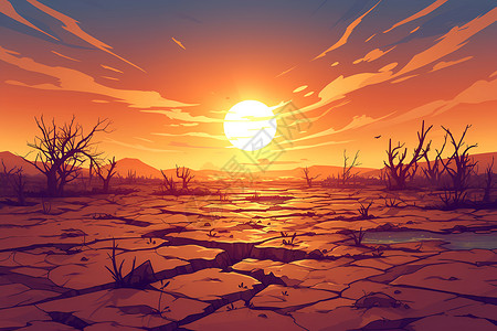 土地干涸夕阳余晖下的干裂沙漠插画