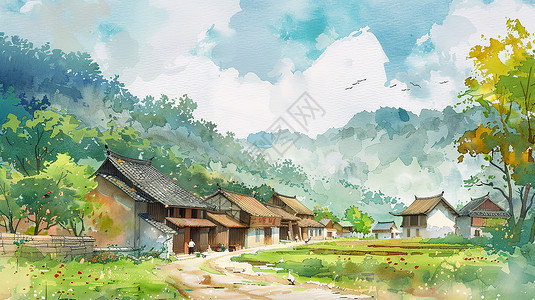 河流汇合蓝天下的的村庄插画