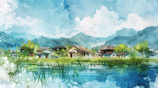 安仁古镇河边的村庄插画