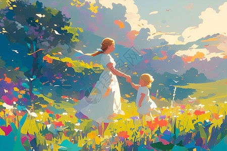 草地上野花草地上的孩子和妈妈插画