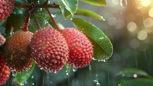 荔枝果园雨中的荔枝树背景