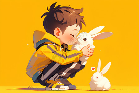 抱着桃子的男孩男孩抱着小白兔插画