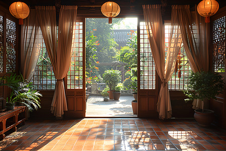 中式空间背景中式传统窗框背景