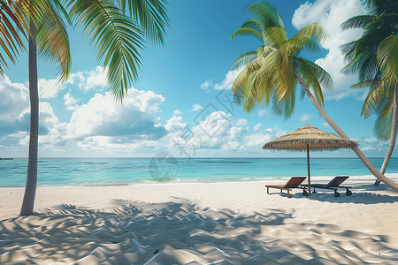 月牙与云朵椰子树与沙滩背景