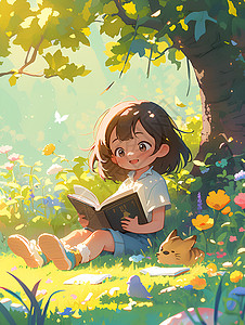 大树下读书的小女孩插画
