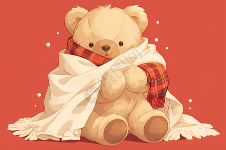 可爱的泰迪熊裹在舒适的白色毯子里高清图片