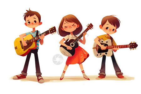 儿童乐器三个孩子一起弹吉他插画