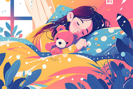 甜蜜睡眠女孩与泰迪熊共度甜蜜时光插画