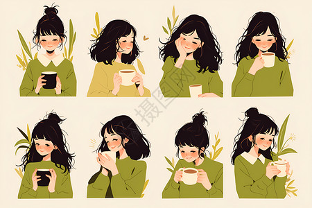 咖啡下午茶展板女孩享用咖啡插画
