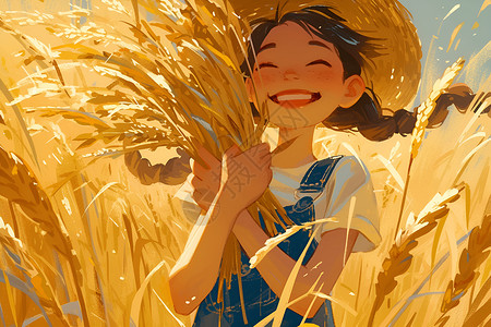 稻田中的稻草帽女孩高清图片