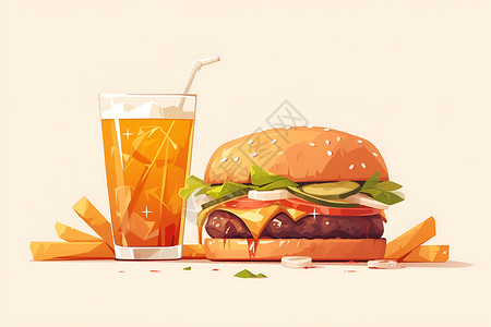 经典美式汉堡与冰冷汽水高清图片
