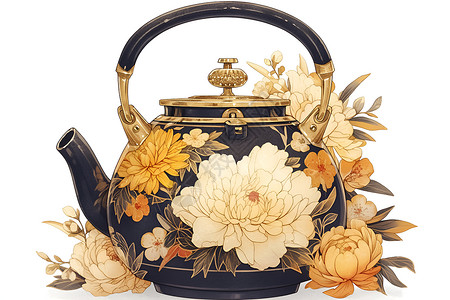 功夫茶壶茶壶的花饰插画