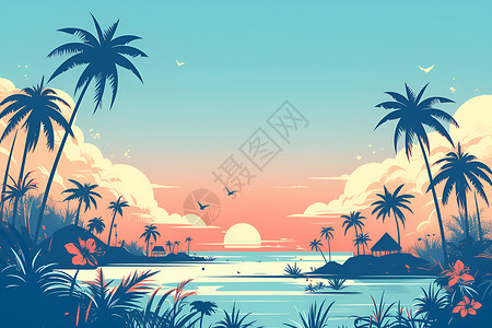 日落的热带风光岛屿插画