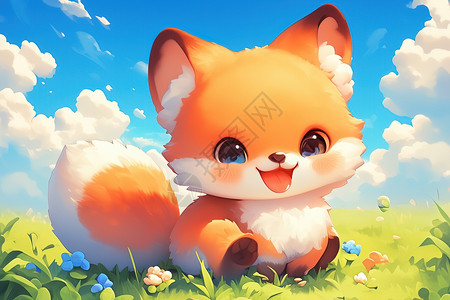 坐着宝宝草地上的狐狸宝宝插画