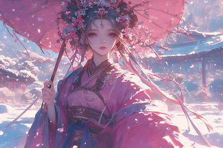 古典红雪中的红伞女子插画
