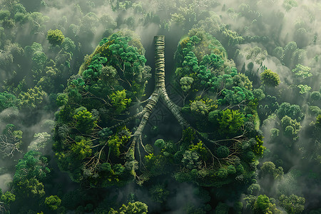 雾气中的村庄神秘森林中的巨大树木设计图片