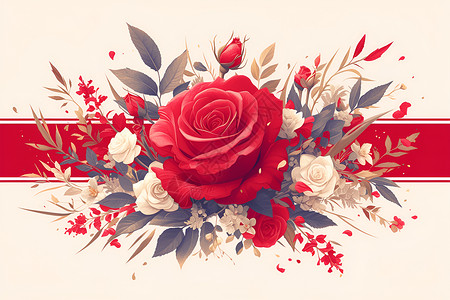 绽放玫瑰白色和红色的花朵中间有一条红色丝带插画