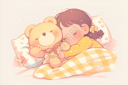 抱着小熊的女孩女孩抱着小熊入睡插画