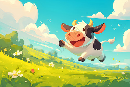 牛排骨快乐奔跑的小牛插画