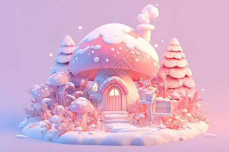 屋顶花纹粉色蘑菇屋插画