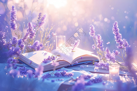 紫色花朵植物紫色花朵和书本插画