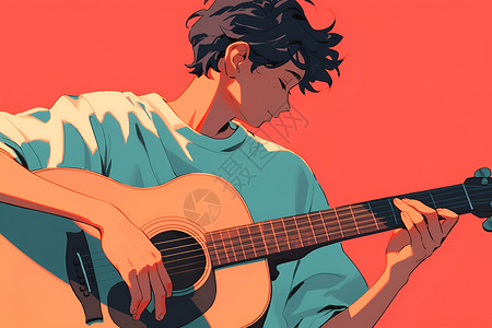 红色吉他红色背景下弹奏吉他的少年插画