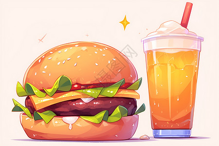 肉食物美食菜品汉堡和饮料杯插画
