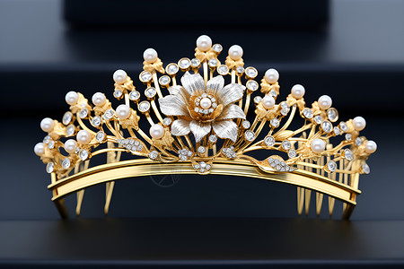 头冠图片一顶镶有珍珠和花朵的金色头饰背景