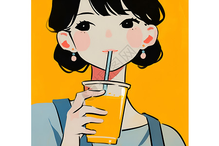 喝吸管喝果汁的女孩插画