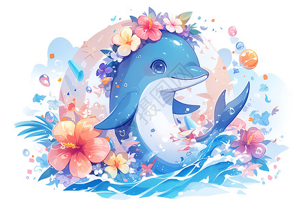 卡通海洋动物海洋中的花冠海豚插画