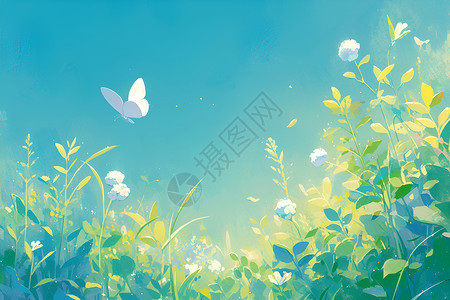 鲜花与绿叶在花海飞翔的蝴蝶插画