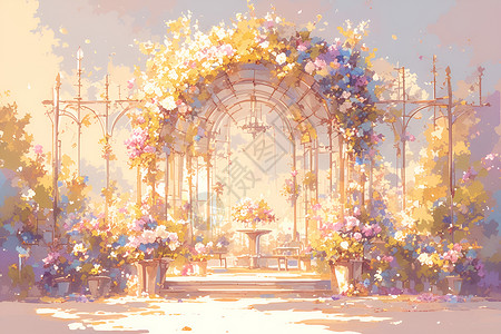四合院婚礼婚礼中的花卉装饰插画