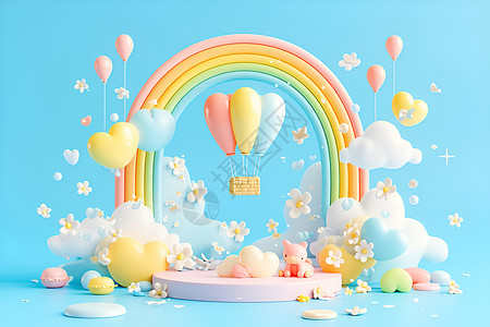 跨境电商平台彩虹舞台上的热气球插画