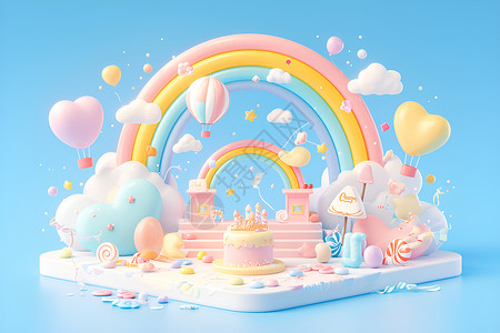 彩虹舞台上的糖果热气球高清图片
