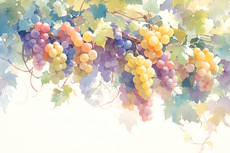 葡萄种植基地水彩葡萄藤上的果实插画