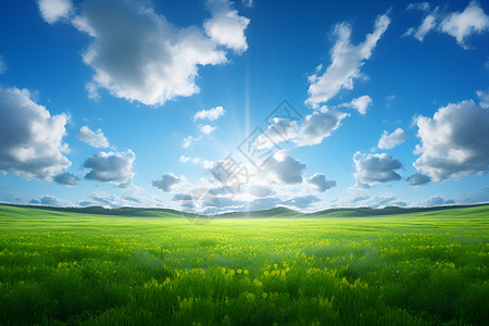 太阳云朵简笔画美丽的草原插画